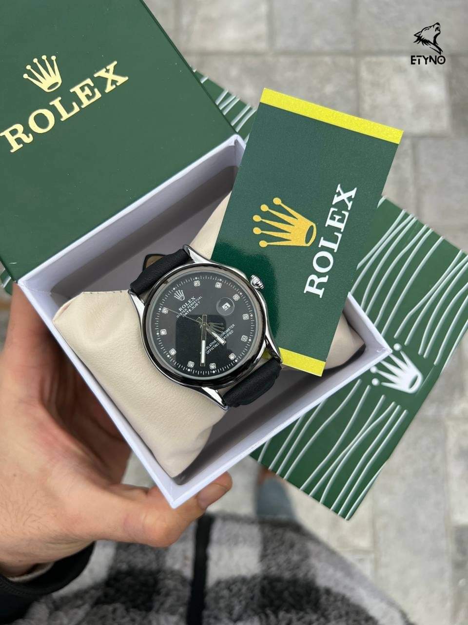ساعة Rolex Leather Watch – Logo Hands Design لون اسود وهافان
