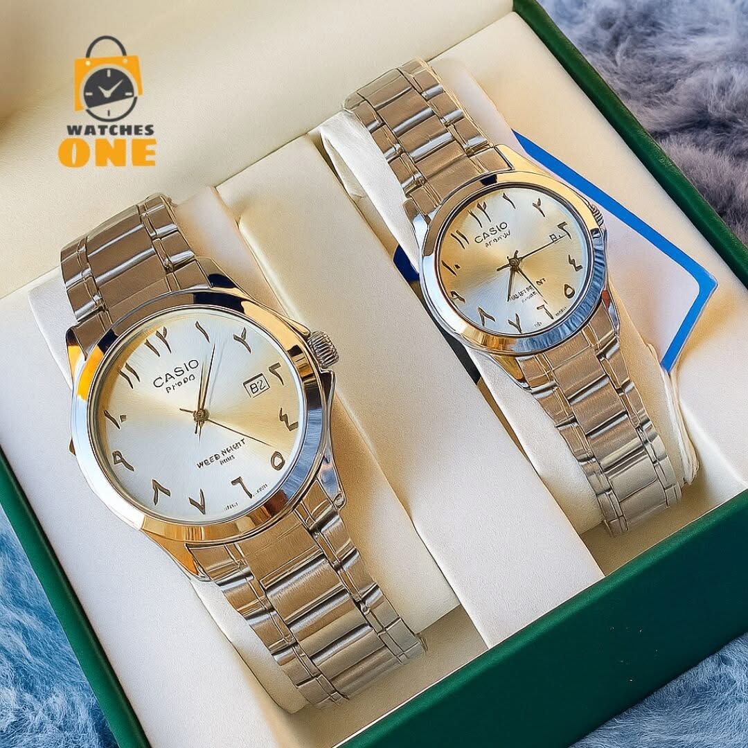 ساعتين casio Arabic Numerals Dial Couple watches اوستيك سليفر مينا اسود-ابيض