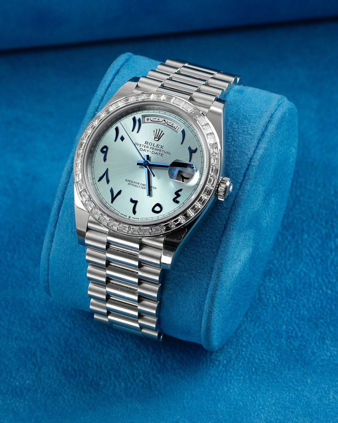 ساعة Rolex Day-Date Silver Watch – Baby Blue Dial with Diamond Bezel 