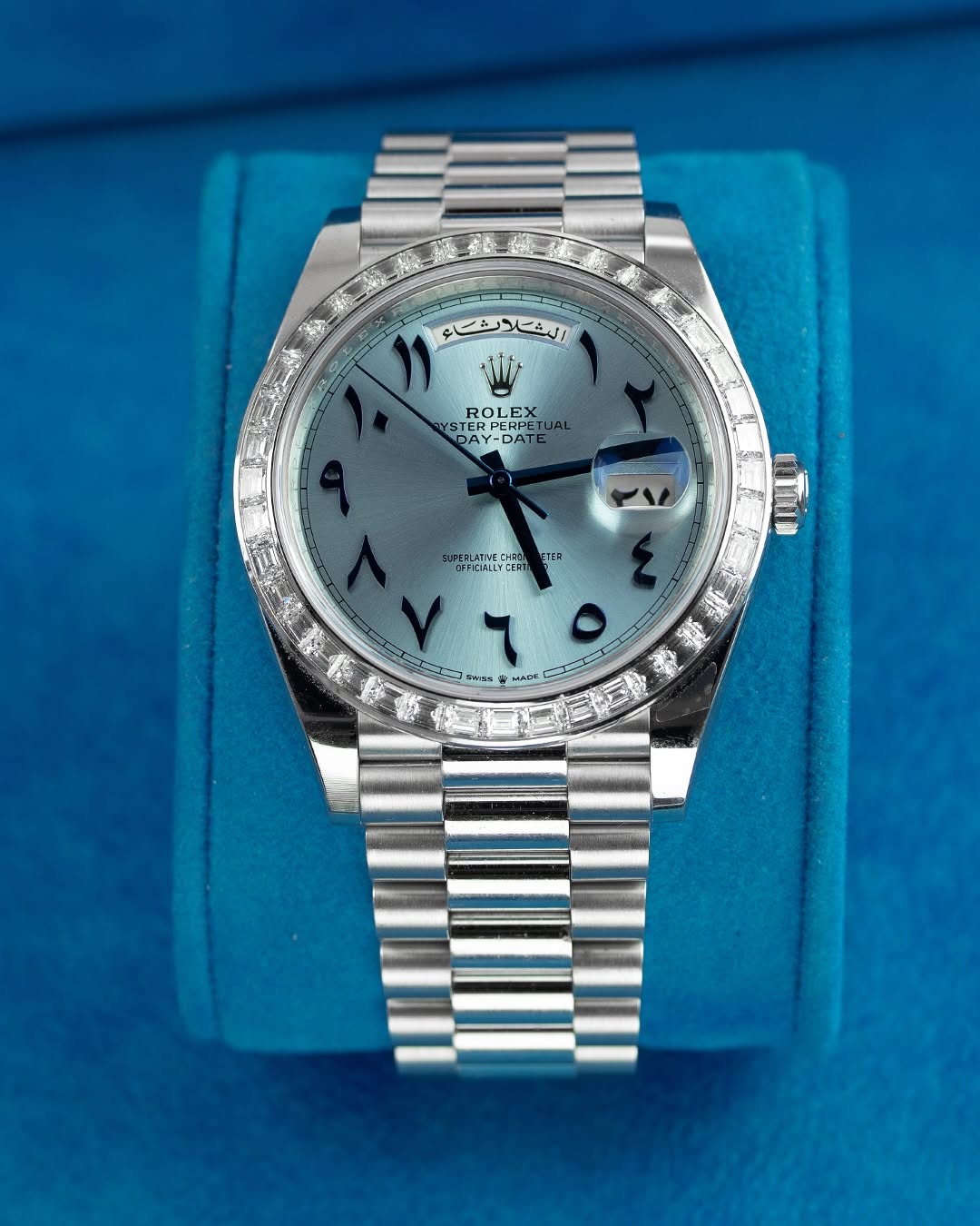 ساعة Rolex Day-Date Silver Watch – Baby Blue Dial with Diamond Bezel 