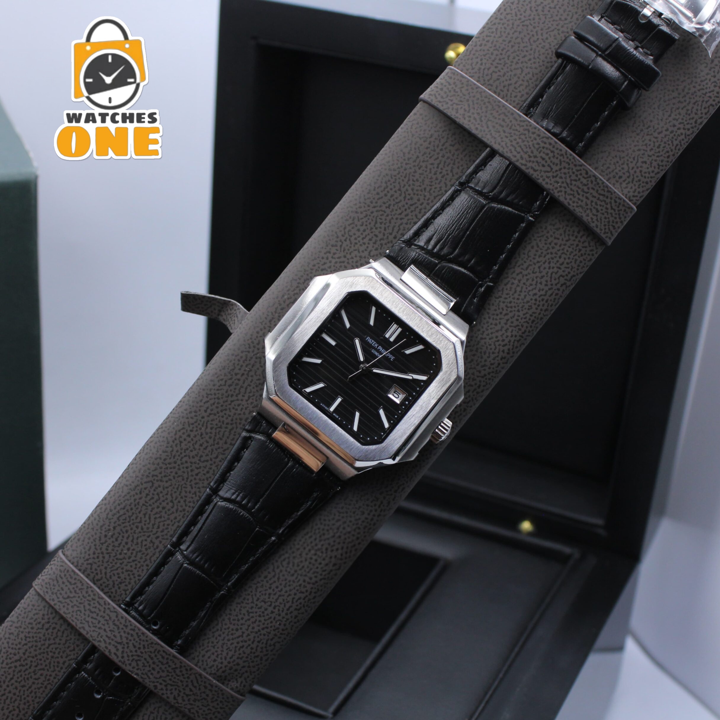 ساعة Patek Philippe Square Leather Watch – Black Dial with Date