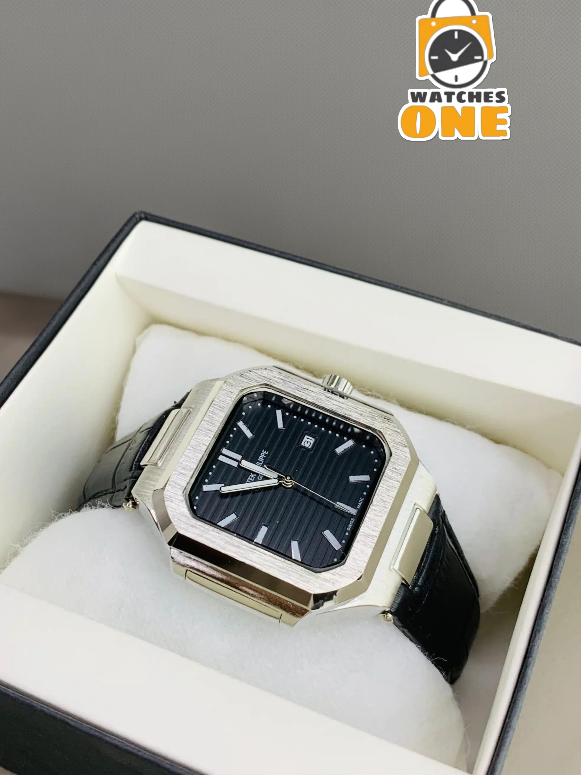 ساعة Patek Philippe Square Leather Watch – Black Dial with Date
